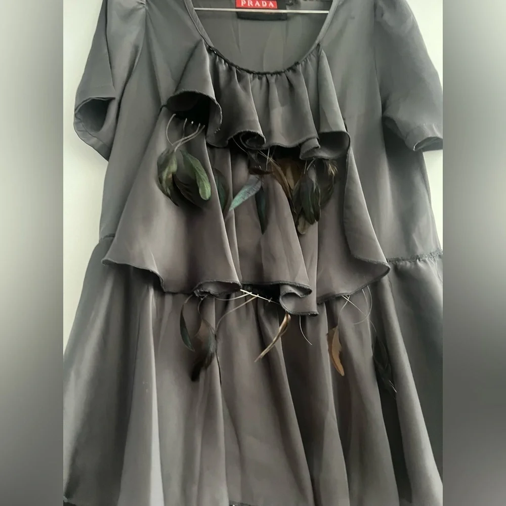 Vintage Prada Silk Charcoal Grey Dress with feather details| size 6 - Picture 2 of 4